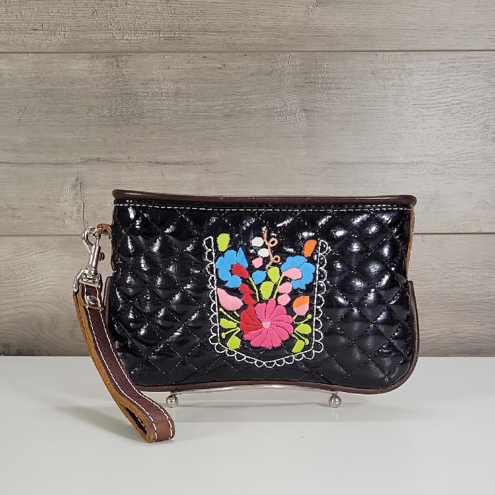ConsuelaBlack Quilted Wristlet with Colorful Floral Embroidery Leather Trim